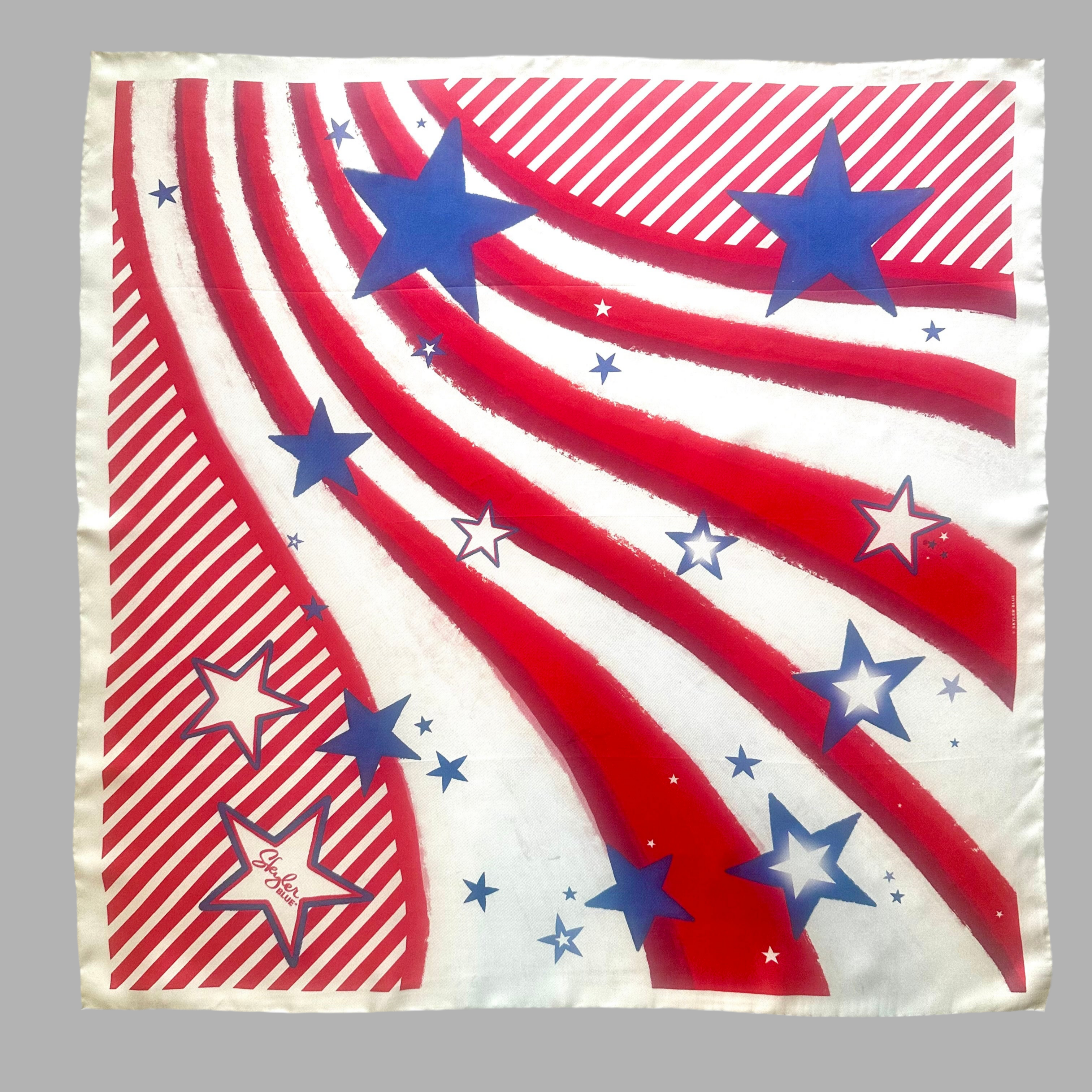 Red, white and blue silk scarf with a patriotic America USA theme for Memorial Day, or 4th of July, or Labor Day, or Olympics, or concerts and festivals and can be worn with a clear bag. Luxury hand designed. Skyler Blue